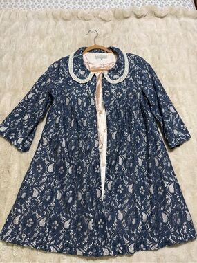 Women’s Navy Blue Lace Pearl Collar Coat Size Small
